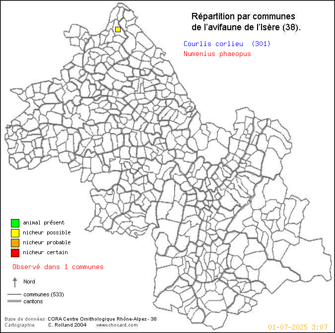 Carte de rpartition par communes en Isre d'une espce d'oiseau: Courlis corlieu (Numenius phaeopus) selon Communes et cantons