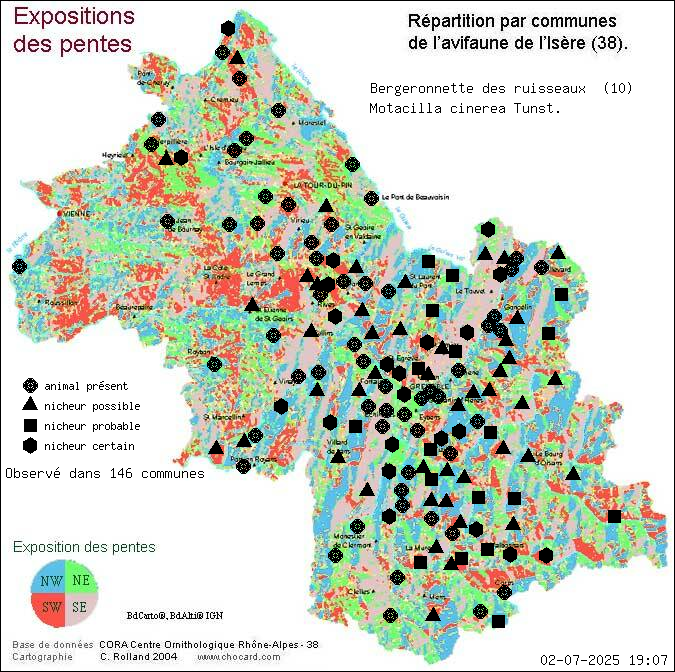 Bergeronnette des ruisseaux (Motacilla cinerea Tunst.): carte de rpartition en Isre