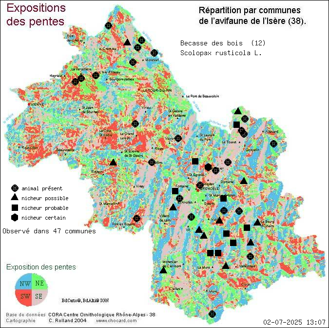 Carte de rpartition par communes en Isre d'une espce d'animal: Bcasse des bois (Scolopax rusticola L.) selon Expositions