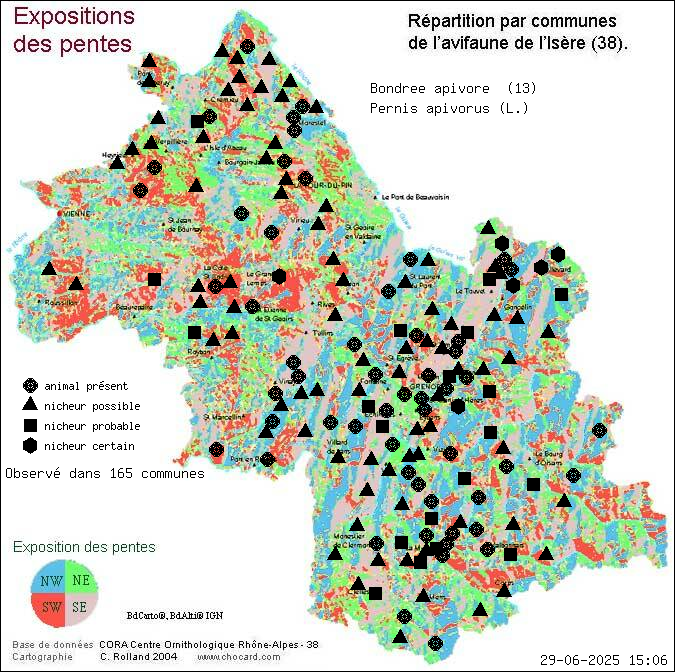 Carte de rpartition par communes en Isre d'une espce d'animal: Bondre apivore (Pernis apivorus (L.)) selon Expositions