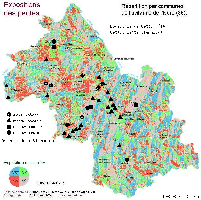 Carte de rpartition par communes en Isre d'une espce d'animal: Bouscarle de Cetti (Cettia cetti (Temmick)) selon Expositions