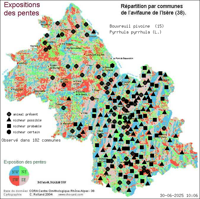 Carte de rpartition par communes en Isre d'une espce d'animal: Bouvreuil pivoine (Pyrrhula pyrrhula (L.)) selon Expositions