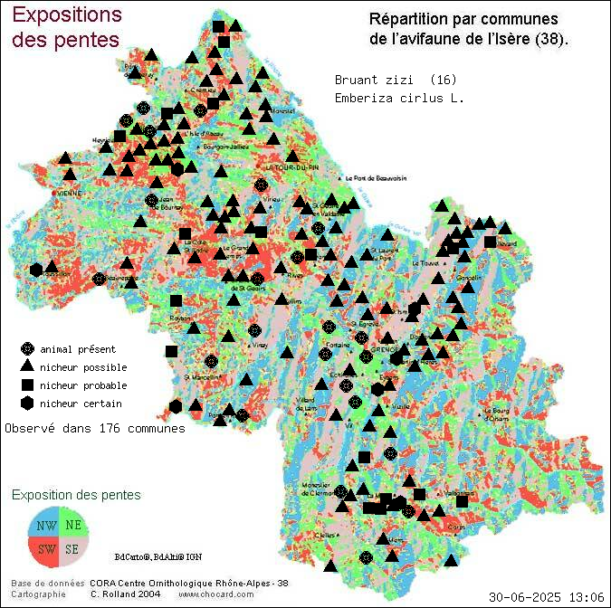 Carte de rpartition par communes en Isre d'une espce d'animal: Bruant zizi (Emberiza cirlus L.) selon Expositions