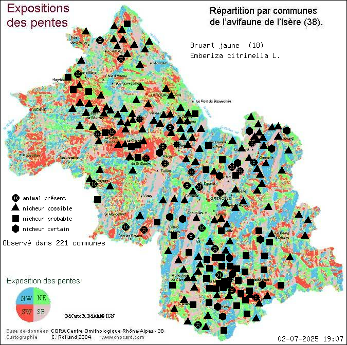 Carte de rpartition par communes en Isre d'une espce d'animal: Bruant jaune (Emberiza citrinella L.) selon Expositions