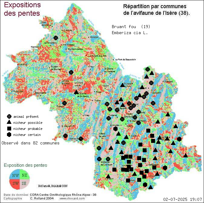 Carte de rpartition par communes en Isre d'une espce d'animal: Bruant fou (Emberiza cia L.) selon Expositions