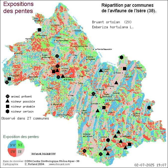 Carte de rpartition par communes en Isre d'une espce d'animal: Bruant ortolan (Emberiza hortulana L.) selon Expositions