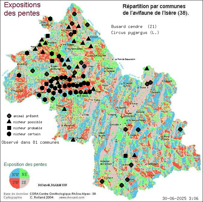 Carte de rpartition par communes en Isre d'une espce d'animal: Busard cendr (Circus pygargus (L.)) selon Expositions