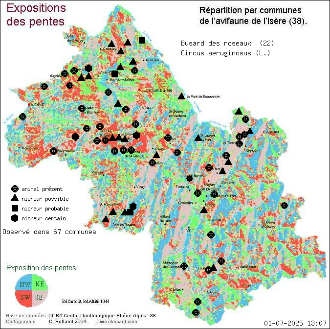 Carte de rpartition par communes en Isre d'une espce d'animal: Busard des roseaux (Circus aeruginosus (L.)) selon Expositions