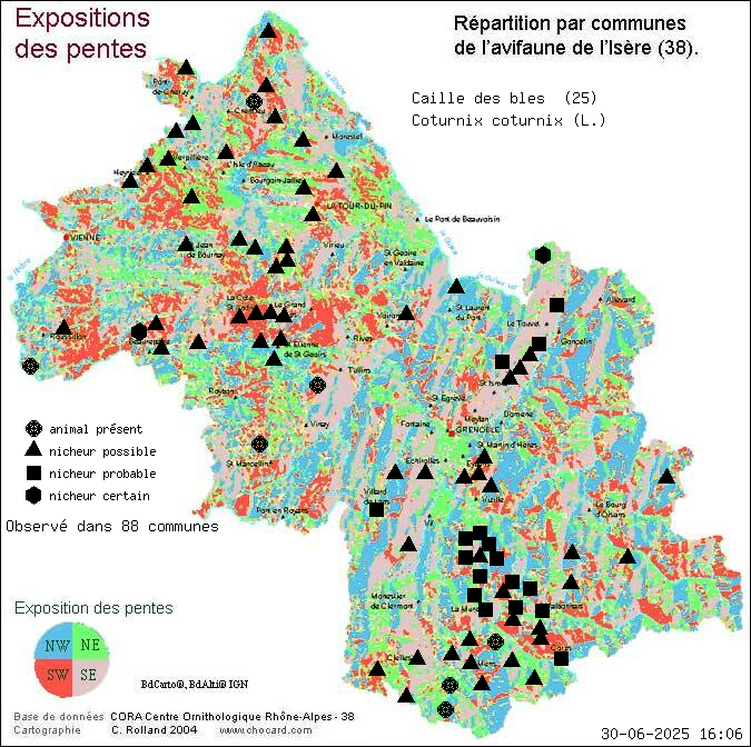 Carte de rpartition par communes en Isre d'une espce d'animal: Caille des bls (Coturnix coturnix (L.)) selon Expositions