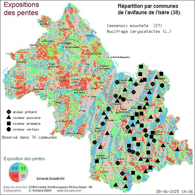Carte de rpartition par communes en Isre d'une espce d'animal: Cassenoix mouchet (Nucifraga caryocatactes (L.)) selon Expositions