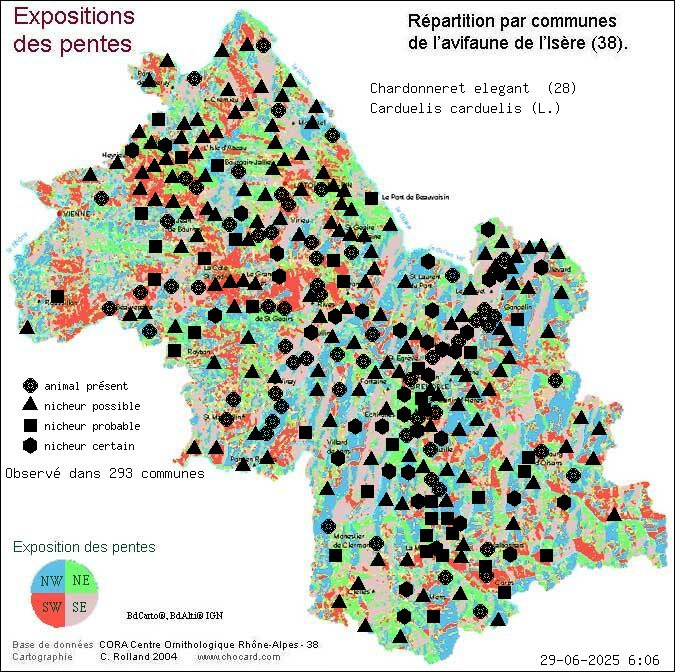 Chardonneret lgant (Carduelis carduelis (L.)): carte de rpartition en Isre