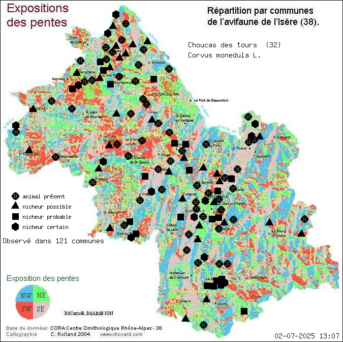 Carte de rpartition par communes en Isre d'une espce d'animal: Choucas des tours (Corvus monedula L.) selon Expositions