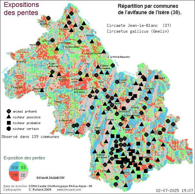 Carte de rpartition par communes en Isre d'une espce d'animal: Circate Jean-le-Blanc (Circaetus gallicus (Gmelin)) selon Expositions