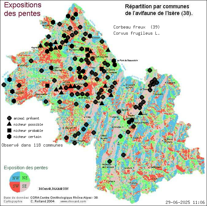 Carte de rpartition par communes en Isre d'une espce d'animal: Corbeau freux (Corvus frugileus L.) selon Expositions