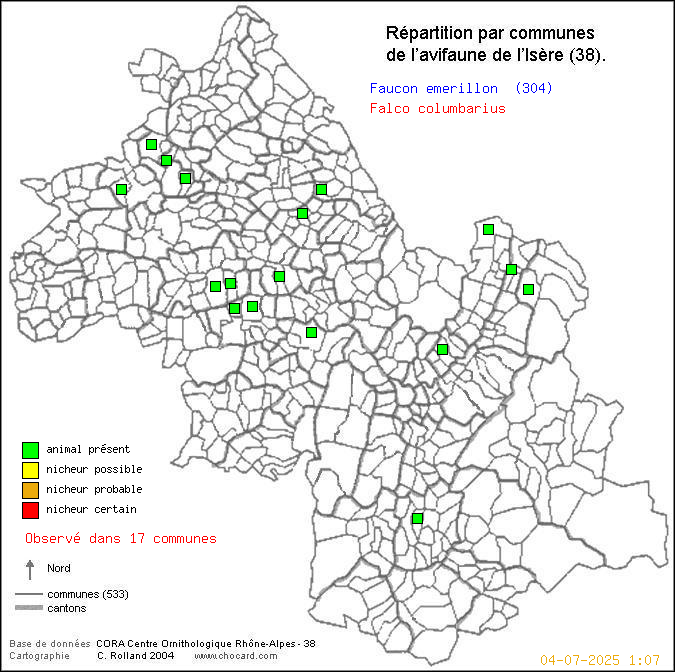 Faucon merillon (Falco columbarius): carte de rpartition en Isre