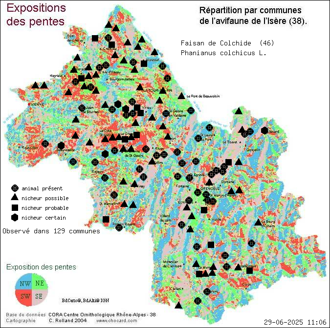 Carte de rpartition par communes en Isre d'une espce d'animal: Faisan de Colchide (Phanianus colchicus L.) selon Expositions