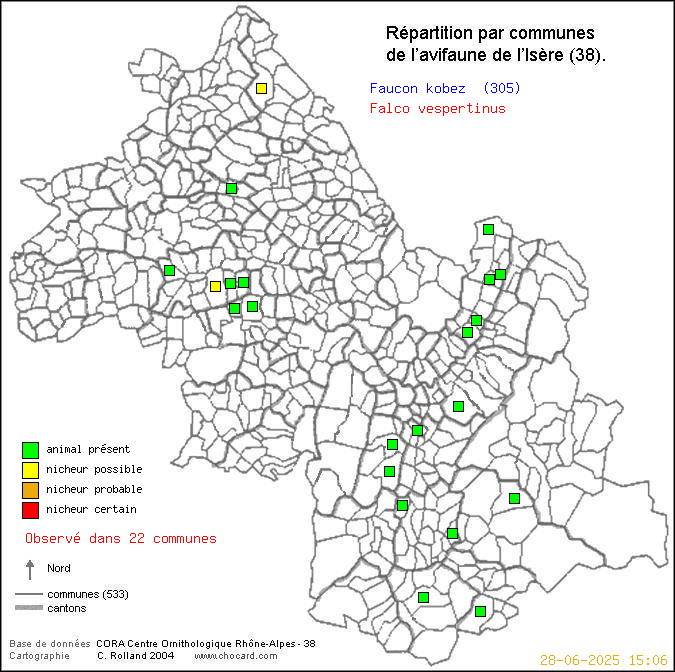 Carte de rpartition par communes en Isre d'une espce d'oiseau: Faucon kobez (Falco vespertinus) selon Communes et cantons