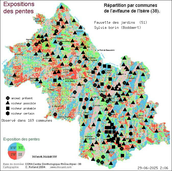 Carte de rpartition par communes en Isre d'une espce d'animal: Fauvette des jardins (Sylvia borin (Boddaert)) selon Expositions