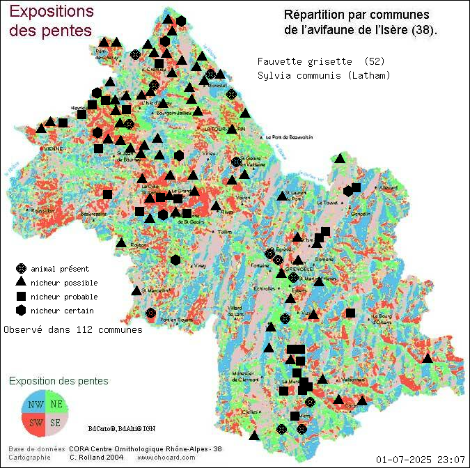 Fauvette grisette (Sylvia communis (Latham)): carte de rpartition en Isre