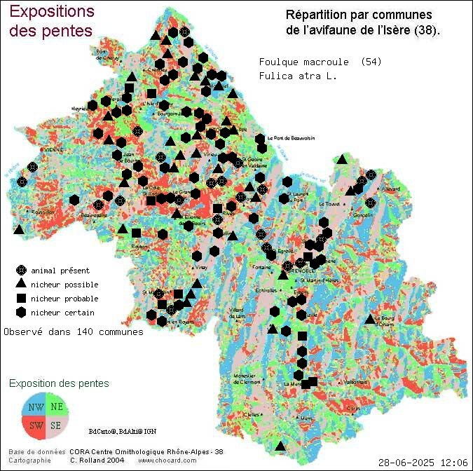 Foulque macroule (Fulica atra L.): carte de rpartition en Isre