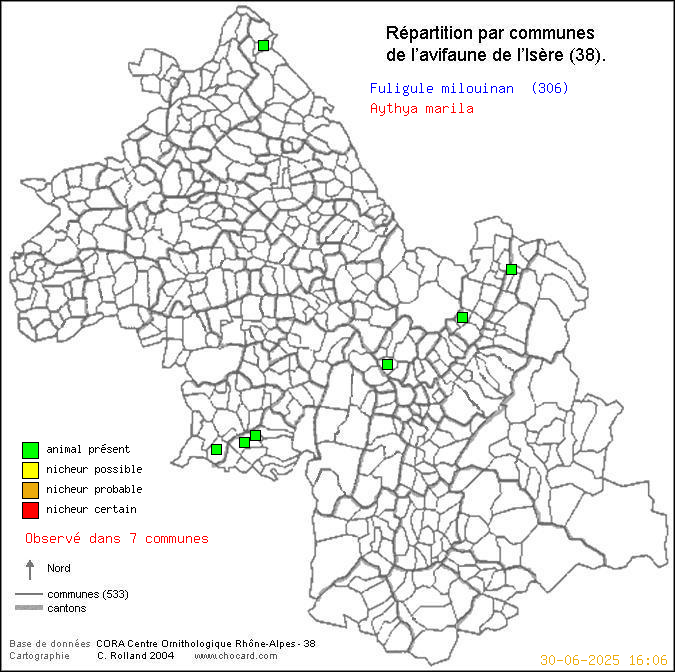 Fuligule milouinan (Aythya marila): carte de rpartition en Isre