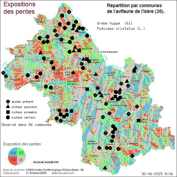 Grbe hupp (Podiceps cristatus (L.)): carte de rpartition en Isre