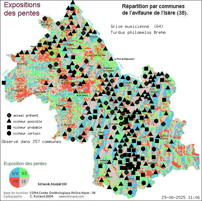 Grive musicienne (Turdus philomelos Brehm): carte de rpartition en Isre