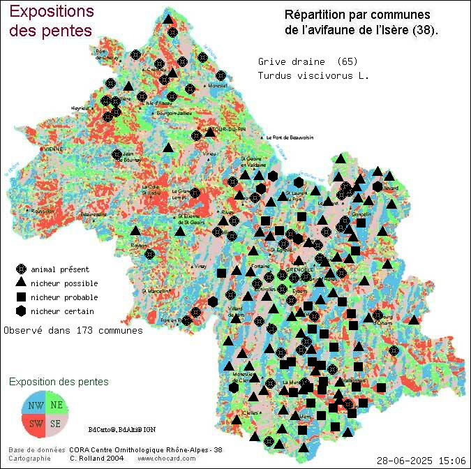 Grive draine (Turdus viscivorus L.): carte de rpartition en Isre