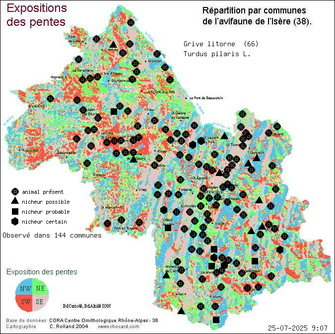 Grive litorne (Turdus pilaris L.): carte de rpartition en Isre