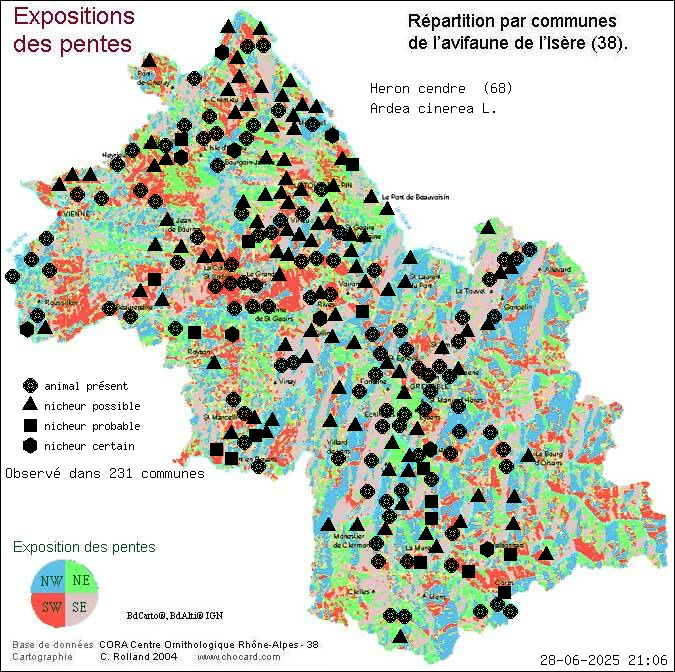 Hron cendr (Ardea cinerea L.): carte de rpartition en Isre