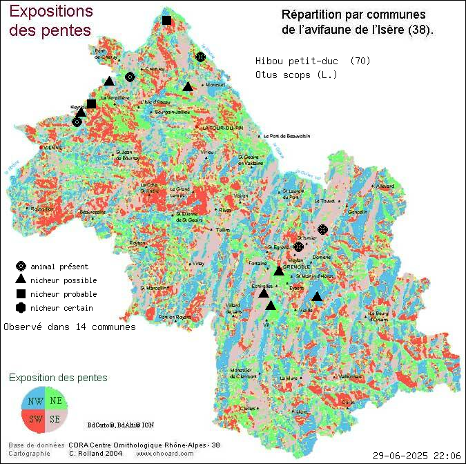 Hibou petit-duc (Otus scops (L.)): carte de rpartition en Isre