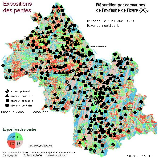 Hirondelle rustique (Hirundo rustica L.): carte de rpartition en Isre