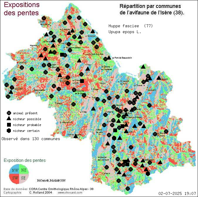 Carte de rpartition par communes en Isre d'une espce d'animal: Huppe fascie (Upupa epops L.) selon Expositions