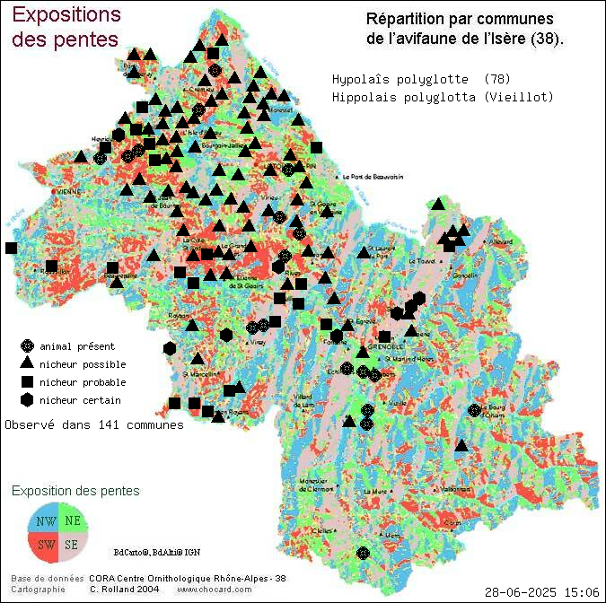 Hypolas polyglotte (Hippolais polyglotta (Vieillot)): carte de rpartition en Isre