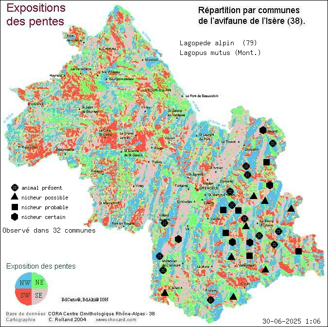 Lagopde alpin (Lagopus mutus (Mont.)): carte de rpartition en Isre