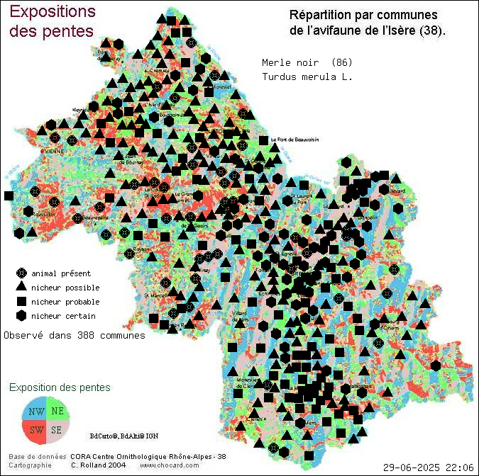 Carte de rpartition par communes en Isre d'une espce d'animal: Merle noir (Turdus merula L.) selon Expositions