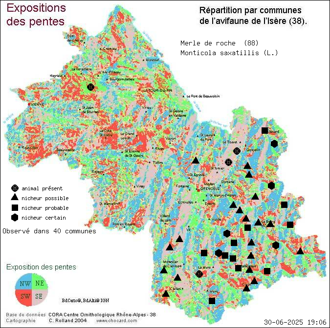 Carte de rpartition par communes en Isre d'une espce d'animal: Merle de roche (Monticola saxatillis (L.)) selon Expositions