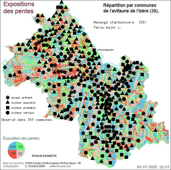Carte de rpartition par communes en Isre d'une espce d'animal: Msange charbonnire (Parus major L.) selon Expositions