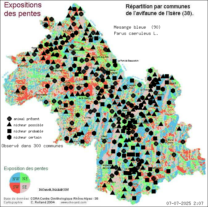 Msange bleue (Parus caeruleus L.): carte de rpartition en Isre