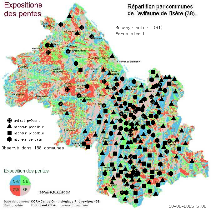 Carte de rpartition par communes en Isre d'une espce d'animal: Msange noire (Parus ater L.) selon Expositions