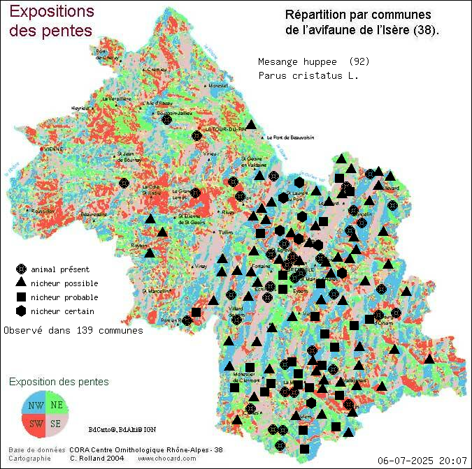 Carte de rpartition par communes en Isre d'une espce d'animal: Msange huppe (Parus cristatus L.) selon Expositions
