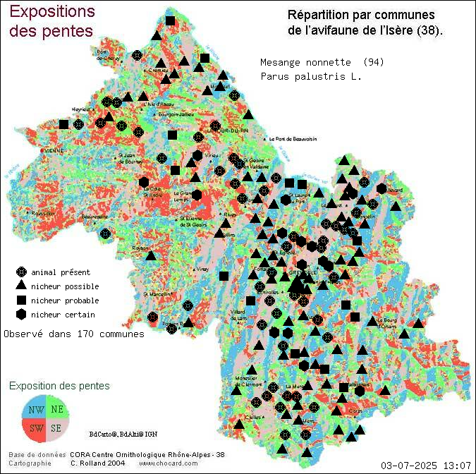 Carte de rpartition par communes en Isre d'une espce d'animal: Msange nonnette (Parus palustris L.) selon Expositions