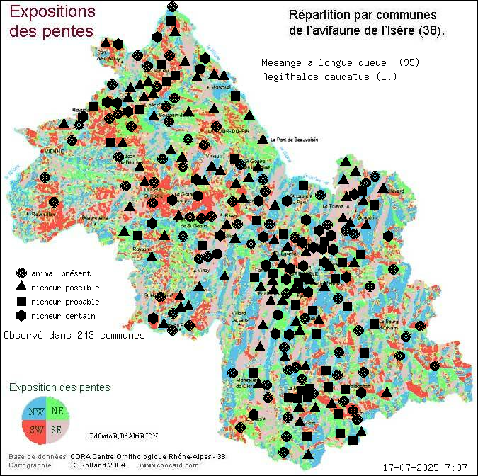 Carte de rpartition par communes en Isre d'une espce d'animal: Msange  longue queue (Aegithalos caudatus (L.)) selon Expositions