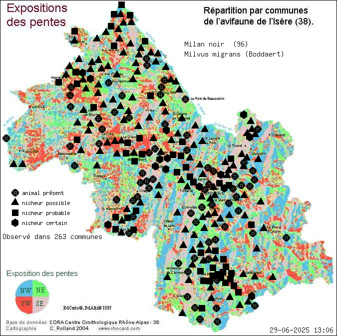 Carte de rpartition par communes en Isre d'une espce d'animal: Milan noir (Milvus migrans (Boddaert)) selon Expositions