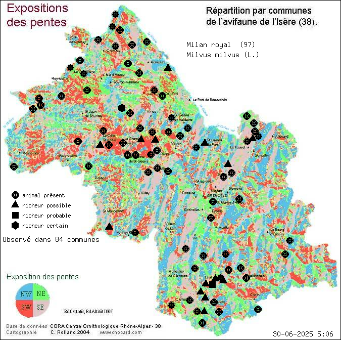 Carte de rpartition par communes en Isre d'une espce d'animal: Milan royal (Milvus milvus (L.)) selon Expositions