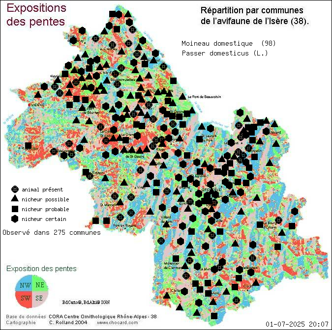 Carte de rpartition par communes en Isre d'une espce d'animal: Moineau domestique (Passer domesticus (L.)) selon Expositions