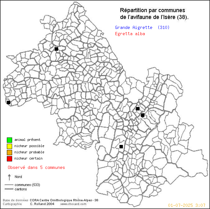 Carte de rpartition par communes en Isre d'une espce d'oiseau: Grande Aigrette (Egretta alba) selon Communes et cantons