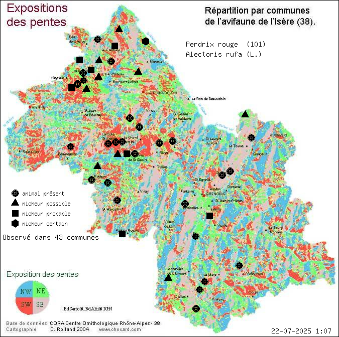 Carte de rpartition par communes en Isre d'une espce d'animal: Perdrix rouge (Alectoris rufa (L.)) selon Expositions