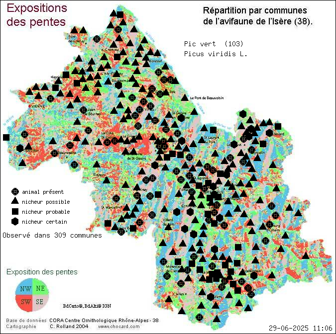 Carte de rpartition par communes en Isre d'une espce d'animal: Pic vert (Picus viridis L.) selon Expositions