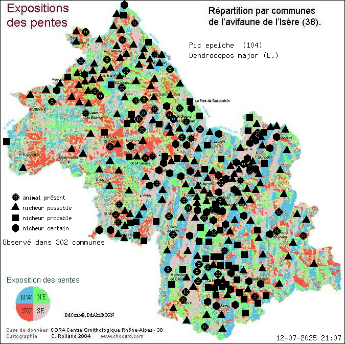 Pic peiche (Dendrocopos major (L.)): carte de rpartition en Isre